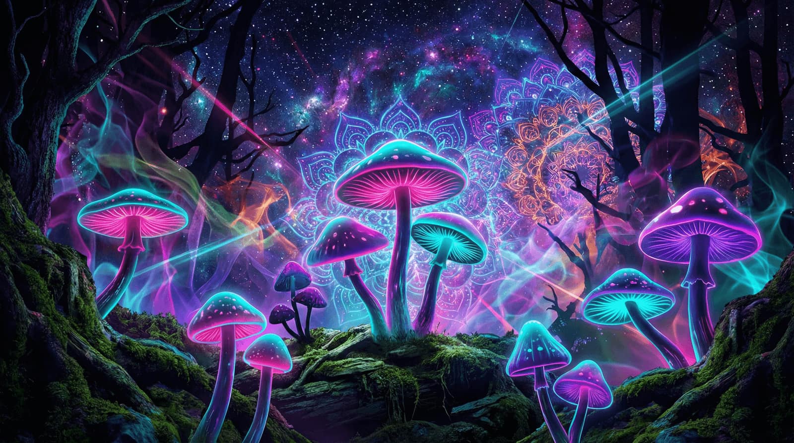 North Lucid hero background — psychedelic mushroom landscape